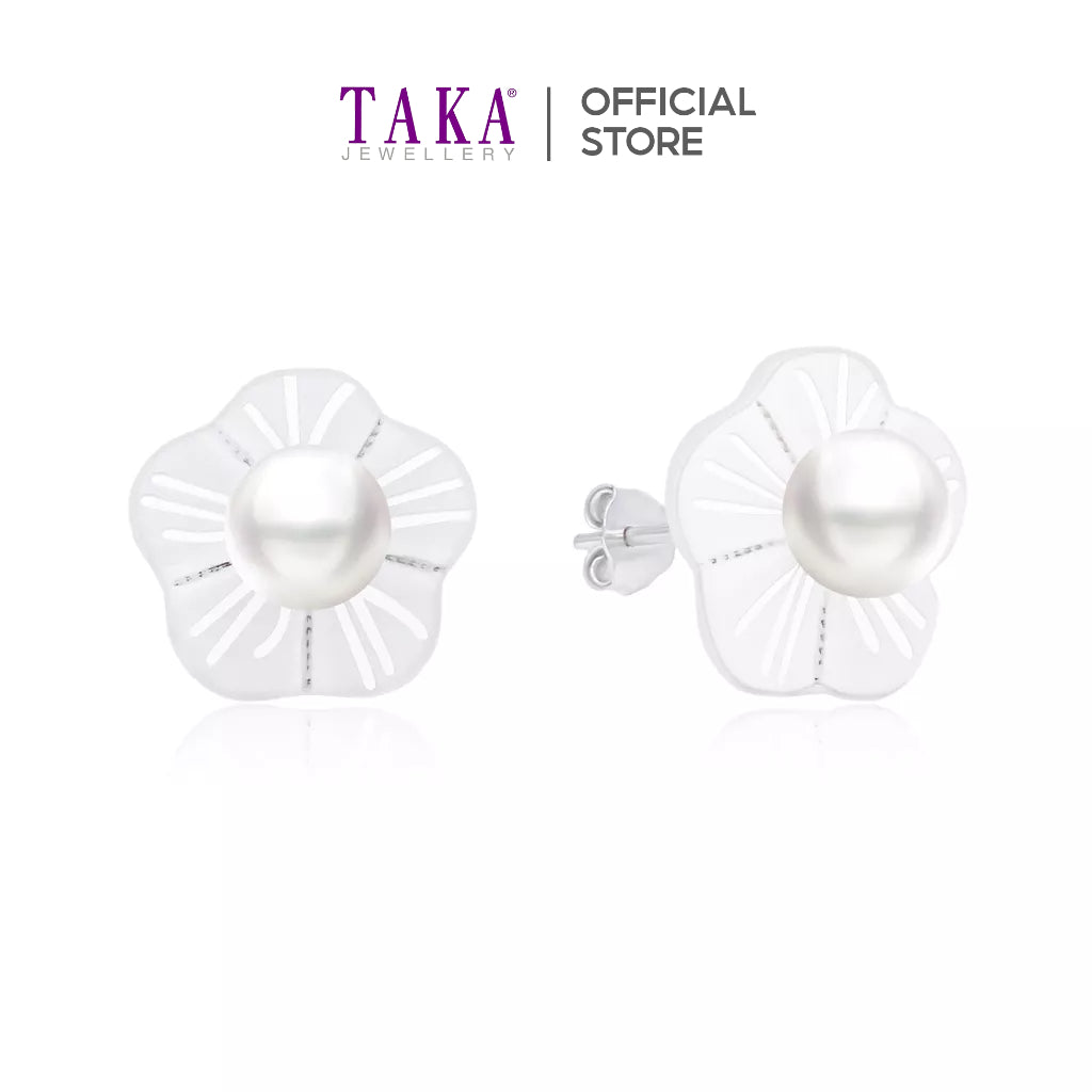 TAKA Jewellery Mother of Pearl and Lustre Pearl Flower Earrings 925 Silver