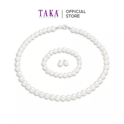 TAKA Jewellery Lustre Pearl Necklace / Bracelet / Earrings 3pc Set 925 Silver