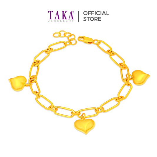 TAKA Jewellery 916 Gold Bracelet with Dangling Hearts