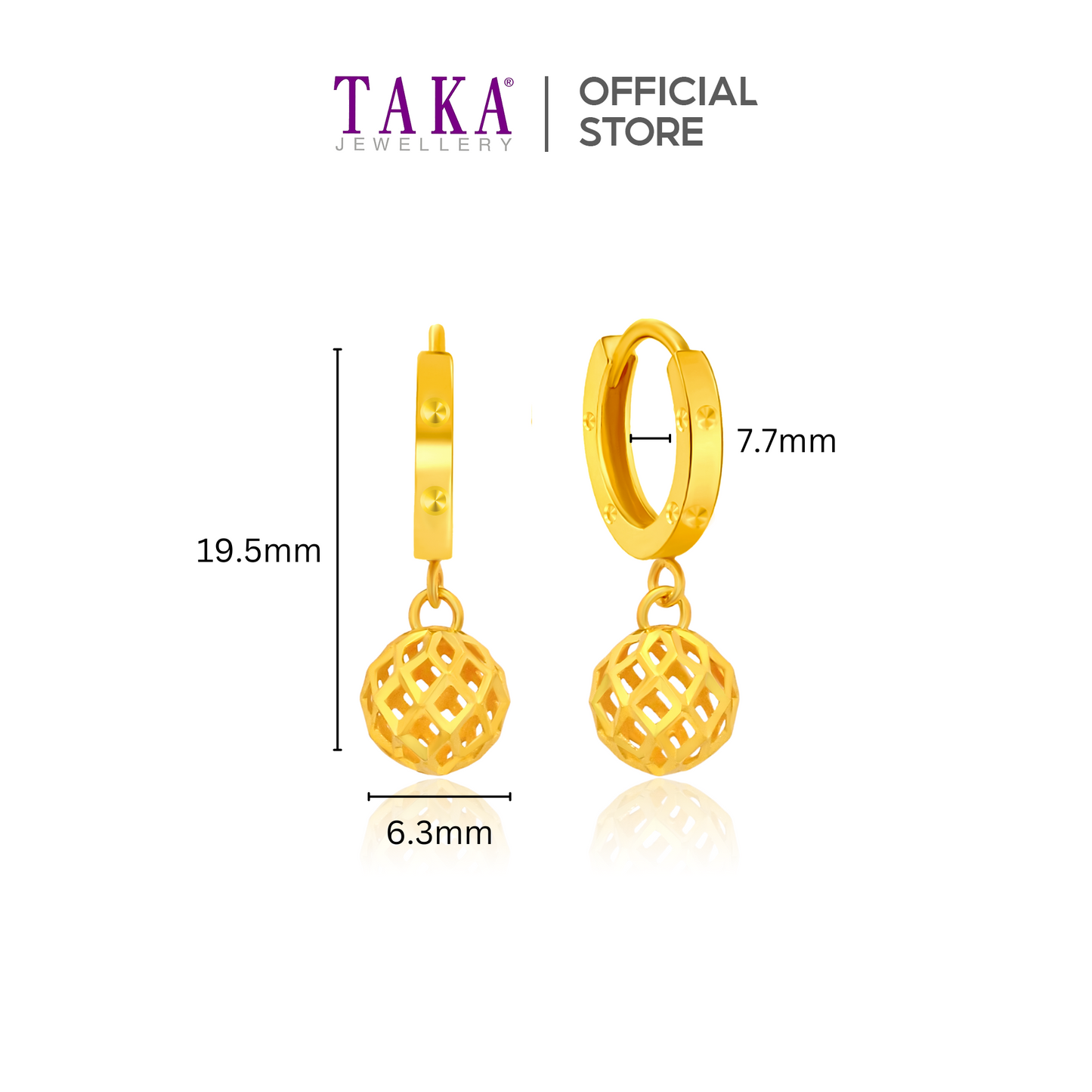 TAKA Jewellery 916 Gold Earrings Hoop with Ball